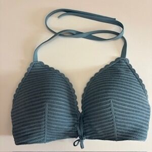 Shade & Shore Dusty Blue Crochet Textured Scalloped Halter Bikini Top 38D
